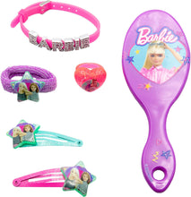 Charger l'image dans la galerie, Barbie jewelry box with accessories: brush, 2 hair clips, ring, bracelet, hair band - 18x11.5x7 cm