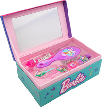 Charger l'image dans la galerie, Barbie jewelry box with accessories: brush, 2 hair clips, ring, bracelet, hair band - 18x11.5x7 cm