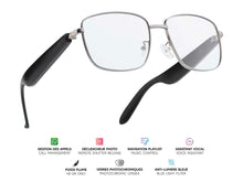 Charger l'image dans la galerie, "Lunettes connectées Mogie. - Modèle Lyra - Branches noires avec verres photochromiques.- Branche tactile - Gestion playlist et appels - Bluetooth - Assistant vocal - Anti lumière bleue - Monture : Grise métalisée mate"