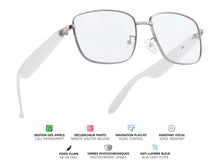 Charger l'image dans la galerie, "Lunettes connectées Mogie. - Modèle Lyra - Branches blanches avec verres photochromiques . Branche tactile - Gestion playlist et appels - Bluetooth - Assistant vocal - Anti lumière bleue - Monture : Grise métalisée mate"