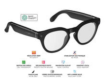Charger l'image dans la galerie, Lunettes connectées Mogie.Caméra - Modèle Elara - Branches noires avec monture noire et verres photochromiques Branche tactile - Caméra - Chat GPT - Verres photochromiques - Branche tactile - Gestion playlist et appels - Bluetooth - Assistant vocal