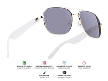 Charger l'image dans la galerie, Lunettes connectées Mogie. - Modèle Thalos - Branches blanches avec monture dorée et verres solaires polarisés Branche tactile . - Verres solaires polarisés - Gestion playlist et appels - Bluetooth - Assistant vocal - Monture : Doré