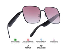 Charger l'image dans la galerie, Lunettes connectées Mogie. - Modèle Nyra - Branches noires avec monture noire et verres solaires polarisés Branche tactile - Verres solaires polarisés - Gestion playlist et appels '- Bluetooth - Assistant vocal Monture Noire Verres teintés rose
