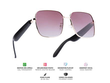 Charger l'image dans la galerie, Lunettes connectées Mogie. - Modèle Nyra - Branches noires avec monture or rose et verres solaires polarisés Branche tactile - Verres solaires polarisés - Gestion playlist et appels Bluetooth - Assistant vocal Monture : Or rose - Verres teintés rose