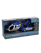 Charger l'image dans la galerie, TACHAN set d ́hélicoptère et voiture de police avec gyrophares et effets sonores City Heroes ! à l ́échelle 1:14 couleur Bleu