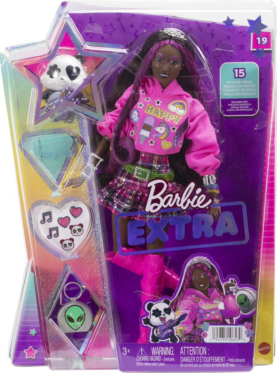 邦楽 Deux poupees Extra Edition Mattel, Poupée Barbie Extra Cheveux Rose Style Punk avec Panda