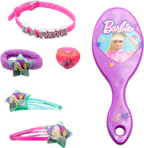 Barbie jewelry box with accessories: brush, 2 hair clips, ring, bracelet, hair band - 18x11.5x7 cm